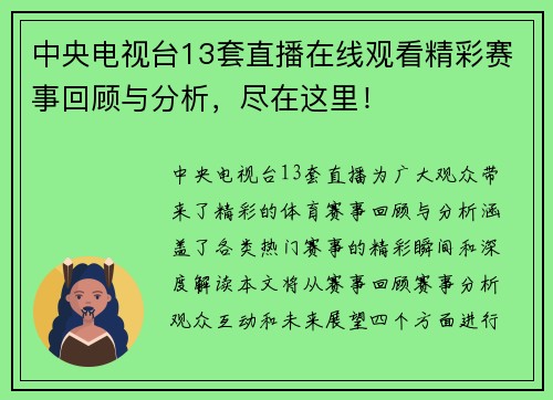 中央电视台13套直播在线观看精彩赛事回顾与分析，尽在这里！