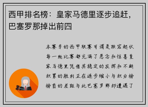 西甲排名榜：皇家马德里逐步追赶，巴塞罗那掉出前四