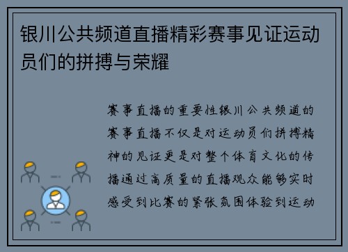 银川公共频道直播精彩赛事见证运动员们的拼搏与荣耀